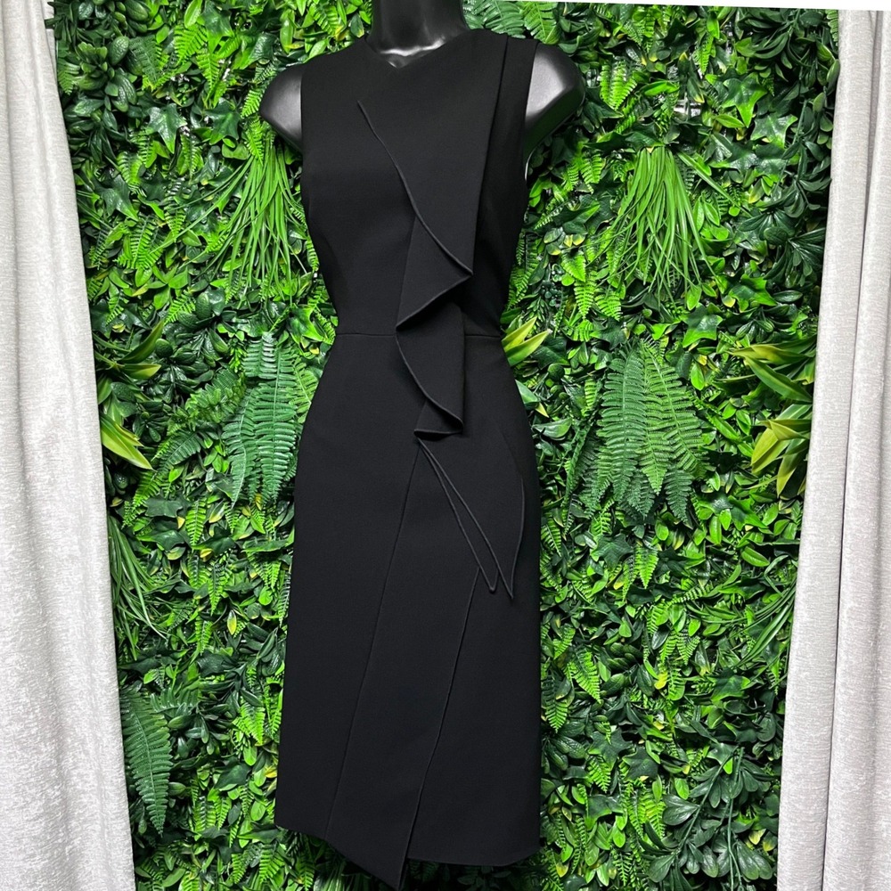 Karen Millen Dress US Size 8 Black Ruffle Sheath Sleeveless Back Zip 4148 NEW